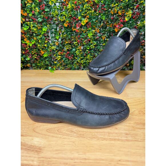 Frye Lewis Venetian Loafers Moccasin Toe Leather Driving Shoes Black Mens 9.5 - Picture 2 of 11